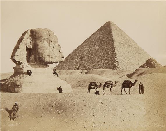 19th century albumen photograph print depicting the Great Sphinx and The Great Pyramid of Giza, ca
