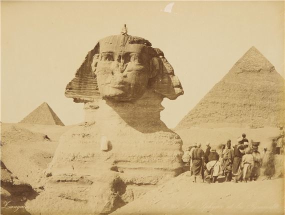 Late 19th century albumen photograph print depicting the Great Sphinx and two of the pyramids of Giza - Adelphoi Zangaki