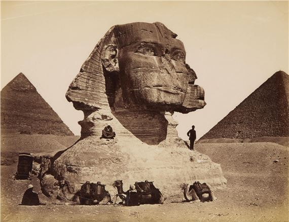 Late 19th century albumen photograph print depicting the Great Sphinx and two of the pyramids of Giza, ca by Adelphoi Zangaki, circa 1860