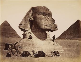 Late 19th century albumen photograph print depicting the Great Sphinx and two of the pyramids of Giza, ca - Adelphoi Zangaki