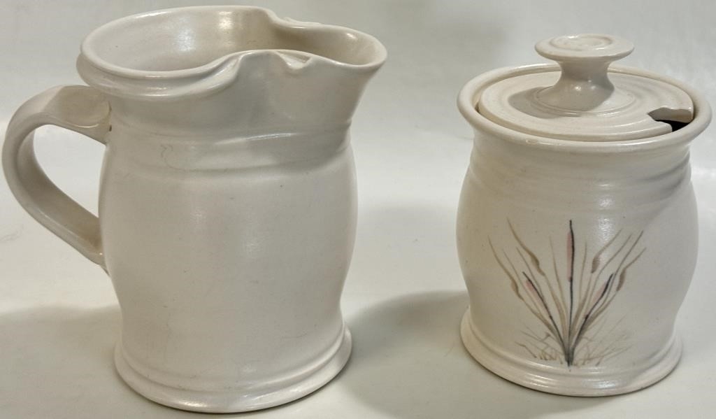 Artwork by Jack Burke, PRETTY JACK BURKE SIGNED POTTERY CREAM & SUGAR, Made of POTTERY CREAM