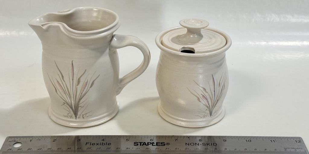 Artwork by Jack Burke, PRETTY JACK BURKE SIGNED POTTERY CREAM & SUGAR, Made of POTTERY CREAM