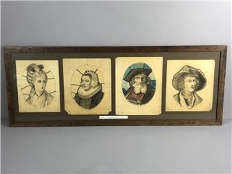 Framed collection of four stained glass working drawings from Morris & Co, c.1900, each drawing with - Morris & Co