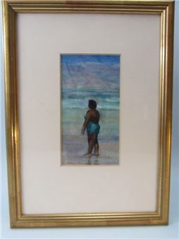 I. Lesley Main: Watercolour 6.5" x 3.5" dated 1991 "Enjoying the Sun and Sea" Label to reverse for - I. Lesley