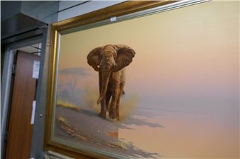 Brian Scott Dawkins, a large oil of African Elephant beside water, signed, 118.5cm x 49cm - Brian Scott