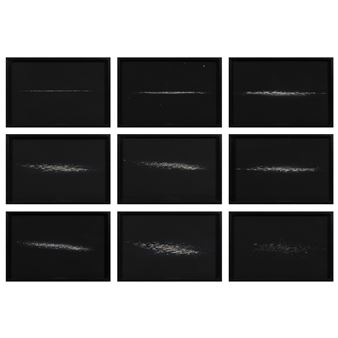 A minimalist grid of nine framed black canvases, each featuring a horizontal line of white speckles.