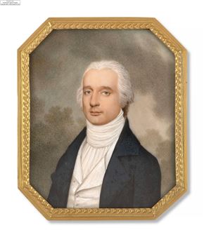 Portrait d’homme aux cheveux poudrés en habit bleu foncé devant un fond de ciel nuageux - Louis Sené