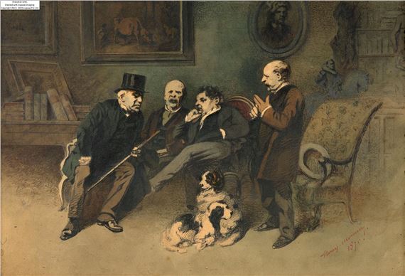 Le salon de Madame Julie Cain en 1870, de gauche à droite ; Ferdinand Barbedienne, M. Brizard, Auguste Cain, Henry Monnier by Henry Monnier