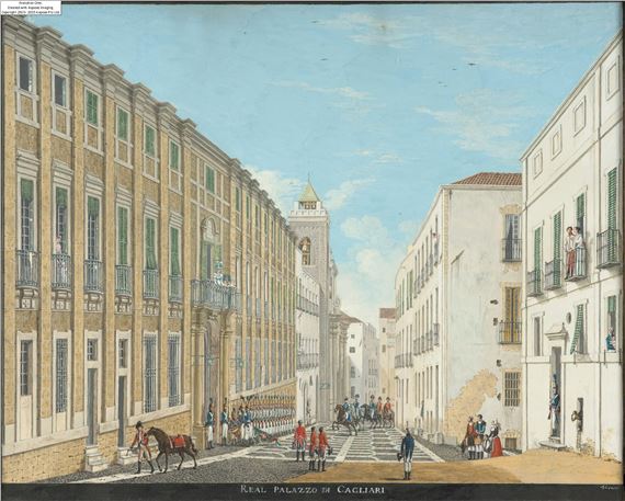 La reine Marie-Thérèse d'Autriche-Este (1773-1832) au balcon du palais royal à Cagliari, saluant la garde en compagnie de ses filles, - Giuseppe Verani