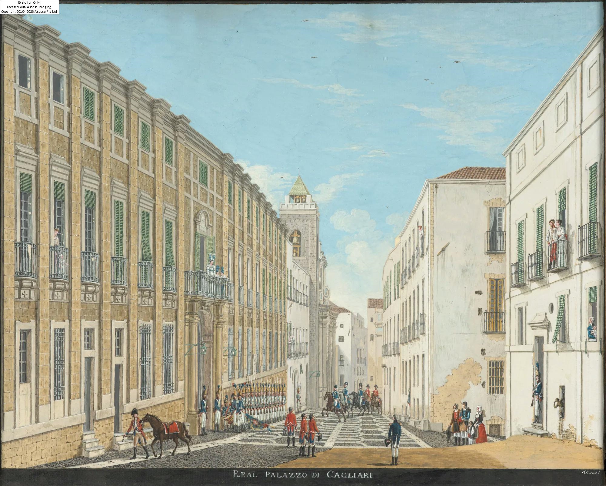 Artwork by Giuseppe Verani, La reine Marie-Thérèse d'Autriche-Este (1773-1832) au balcon du palais royal à Cagliari, saluant la garde en compagnie de ses filles,, Made of gouache