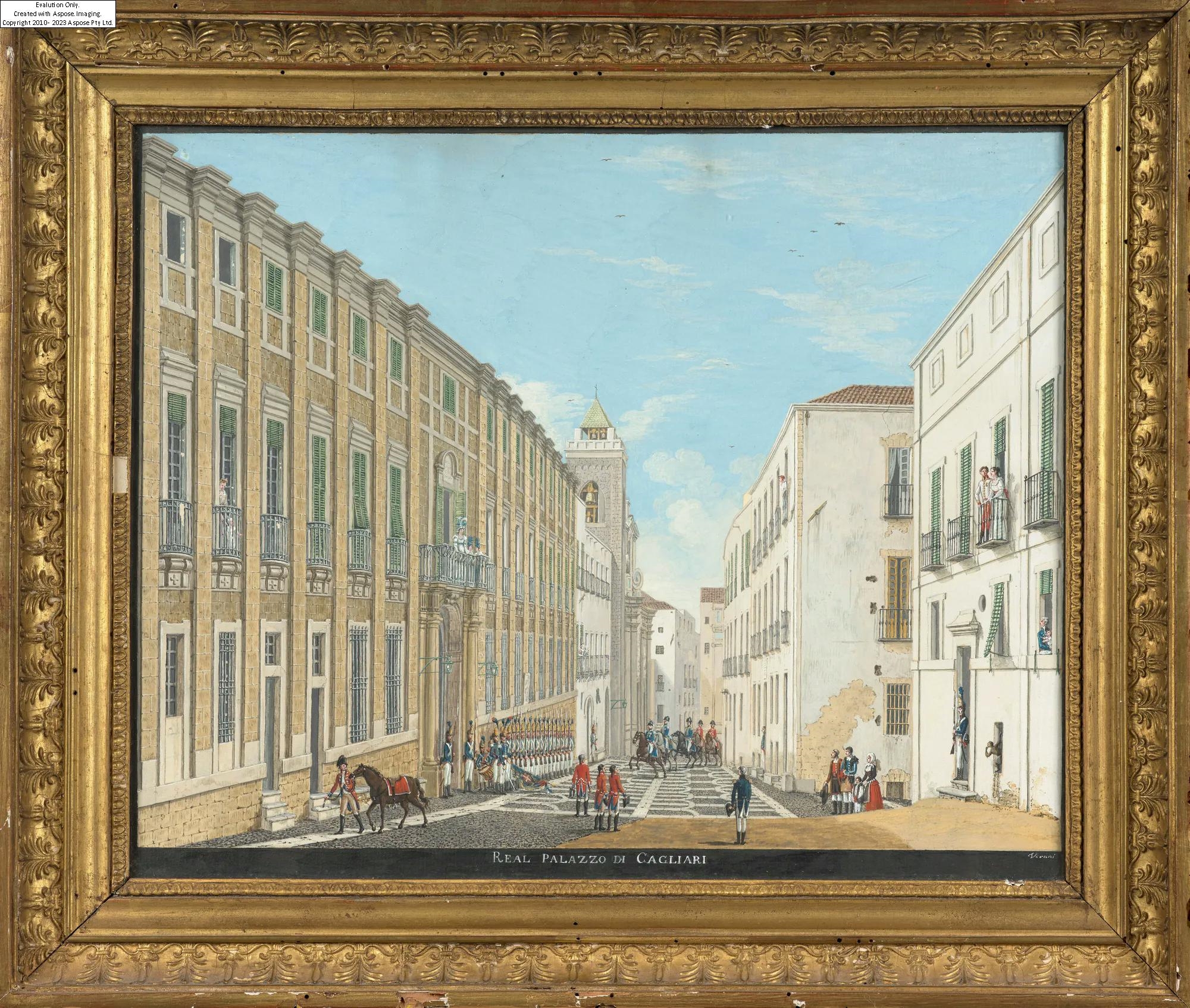 Artwork by Giuseppe Verani, La reine Marie-Thérèse d'Autriche-Este (1773-1832) au balcon du palais royal à Cagliari, saluant la garde en compagnie de ses filles,, Made of gouache