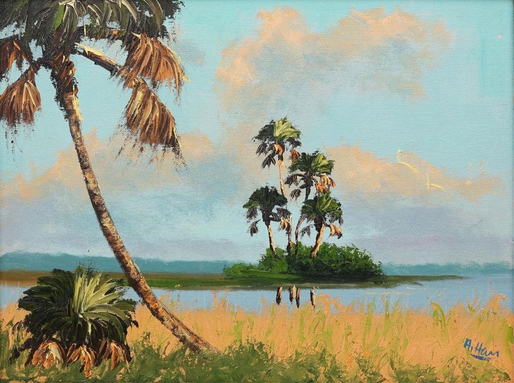 Artwork by Alfred Hair, ALFRED HAIR FLORIDA HIGHWAYMEN CORDGRASS PALMS, Made of Oil on Canvas