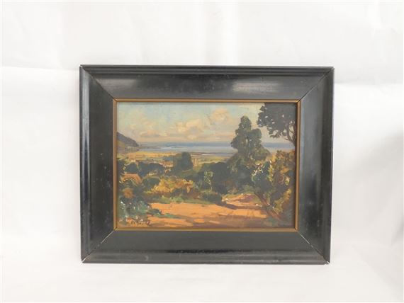 
Near Porlock, landscape
Oil on board
Signed & inscribed to reverse, September 1930
25cms x 35cms
Commissioned by A.C. Coningsby Gayland, with a worn postcard from the artist to him. by Alexander Carruthers Gould, 1930