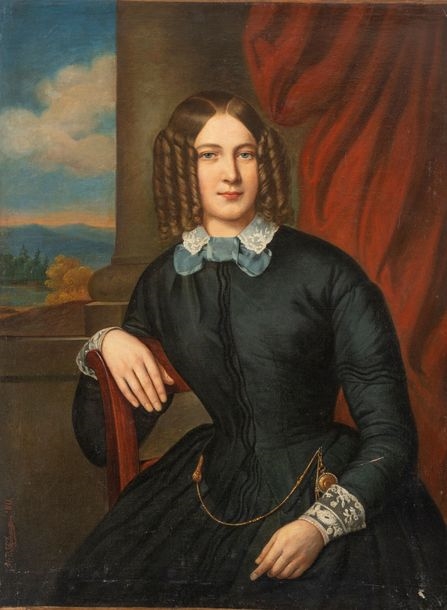 Artwork by Michel Ghislain Stapleaux, Portait de jeune femme au noeud bleu près d, Made of Oil on canvas