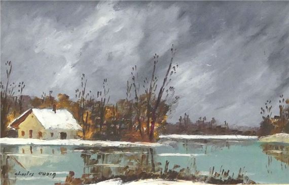Charles Cuzin | Charles CUZIN House by the pond under a stormy sky Oil ...