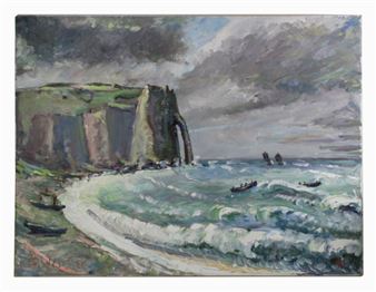 A seascape painting of a rugged coastline with dramatic cliffs, churning waves, and small boats under an overcast sky.