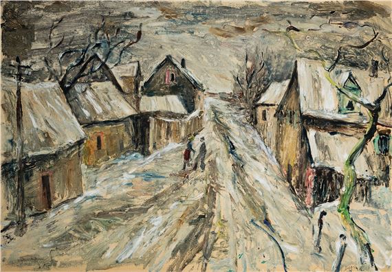 winter landscape with snow-covered village street by Paul Löffler, 1938-1995