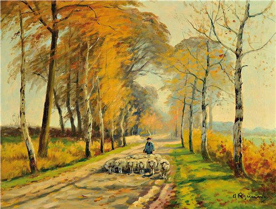 autumnalavenue with flock of sheep and shepherd by Adolf Rheinert, 1880-1958