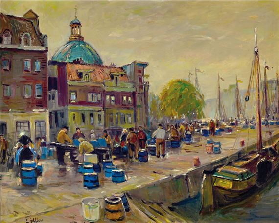 view of the Mannheim harbor with a view of the church tower of the Jesuit church by Paul Löffler, 1920