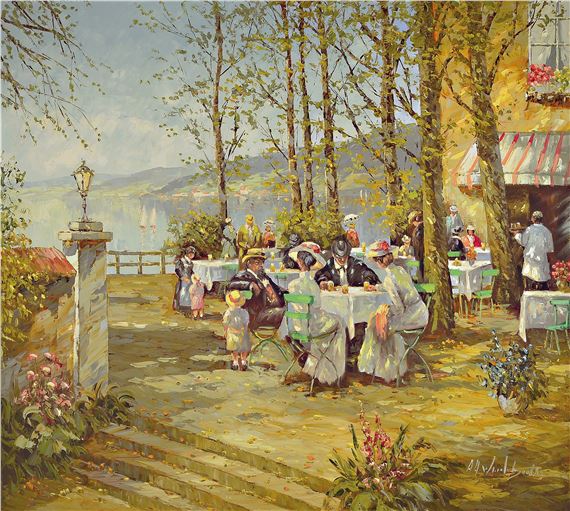 summer beer garden with lake view by August Alexander Wendehals, 1934-2003