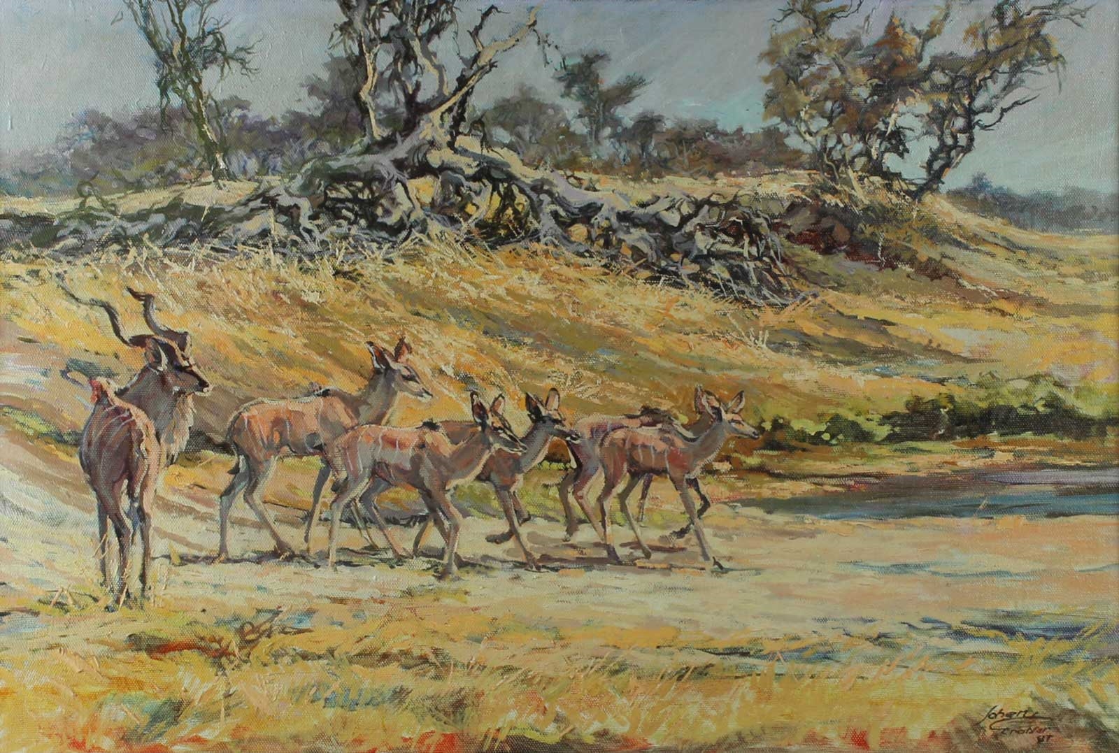 Artwork by Johan Grobler, JOHAN GROBLER - Kudu in a Dry Riverbed, Made of Oil on Board
