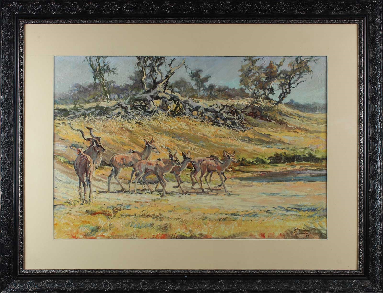 Artwork by Johan Grobler, JOHAN GROBLER - Kudu in a Dry Riverbed, Made of Oil on Board