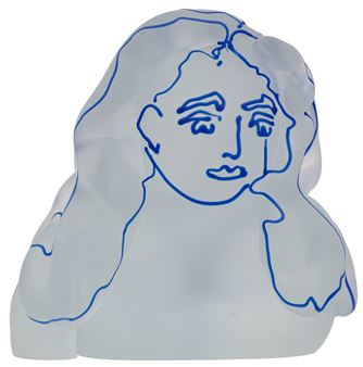 Skulptur weibliche Büste, farblos opakes Glas, Gesicht und Haar mit schwarzer Fadenauflage angegeben - Richard Jelly