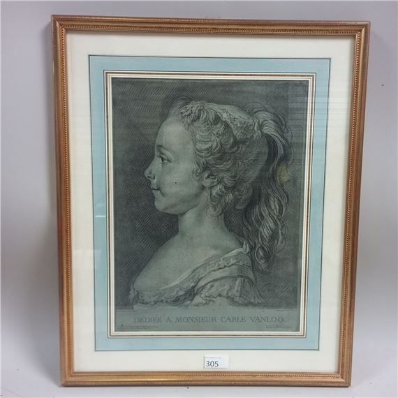 Gravure d'après VAN LOO . Portrait de Marie-Rosalie Van Loo en buste. Gravure en noir d'ap. L. BONNET. A VUE: 40x29 cm Petite déchirure - Charles-André van Loo