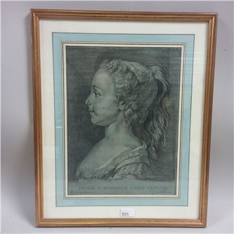 Gravure d'après VAN LOO . Portrait de Marie-Rosalie Van Loo en buste. Gravure en noir d'ap. L. BONNET. A VUE: 40x29 cm Petite déchirure - L. Bonnet