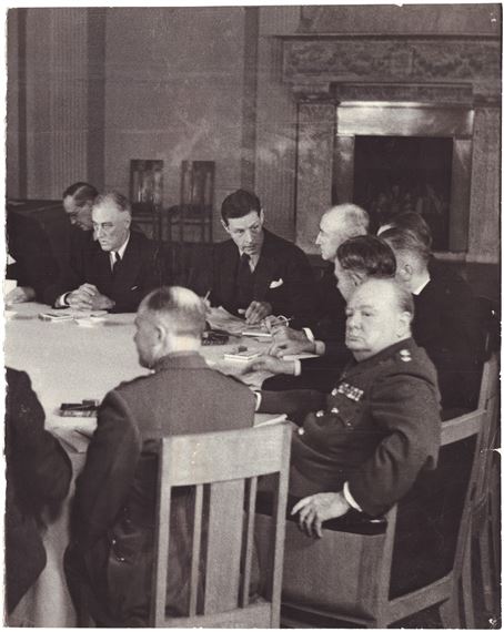 Winston Churchill, Franklin Roosevelt and other members of the Yalta delegation at the Livadia Palace in 1945 by Samariy Gurariy, 1960s