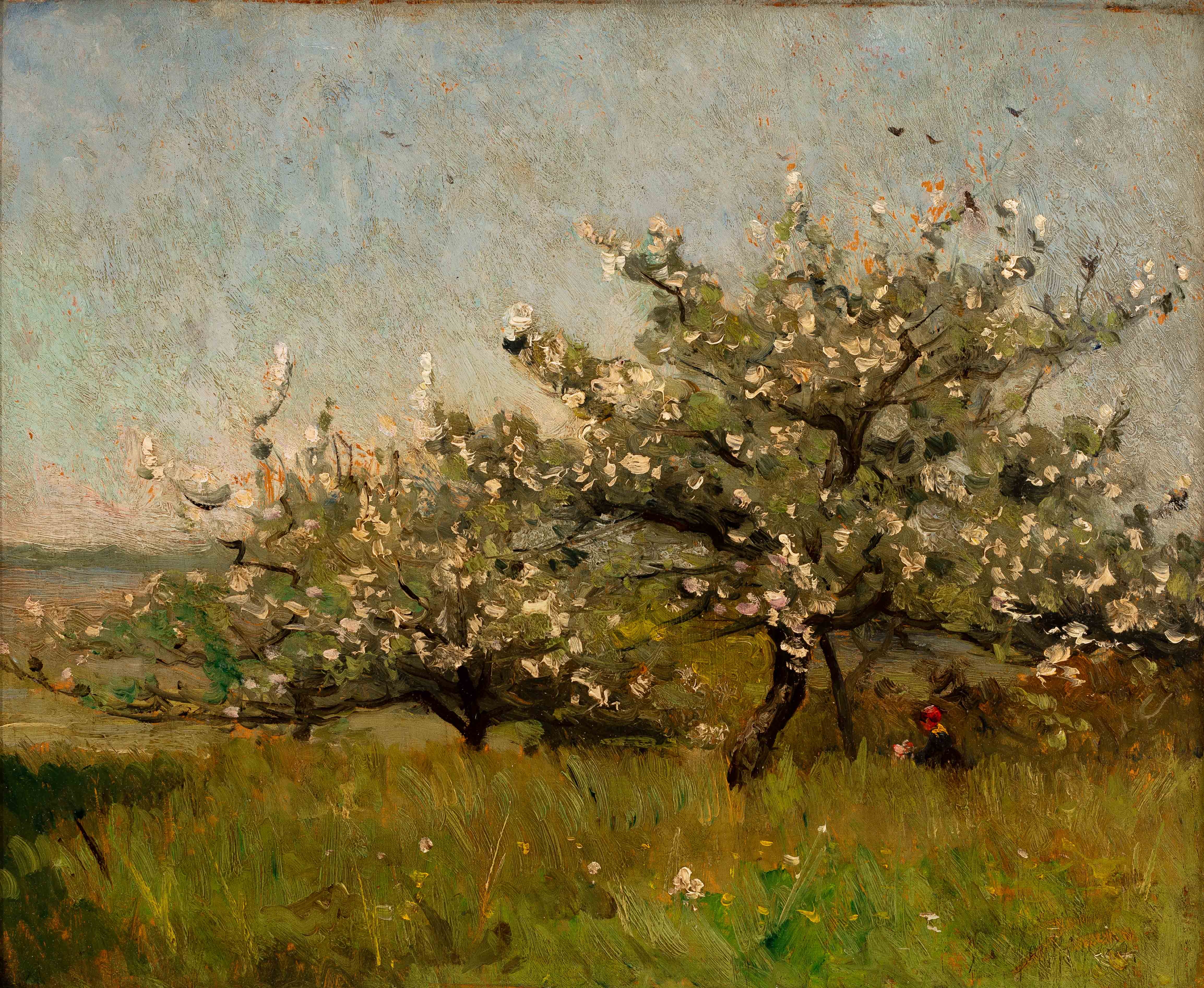 Artwork by Alfred Moullion, Sous les pommiers en fleurs, Made of Oil on wood