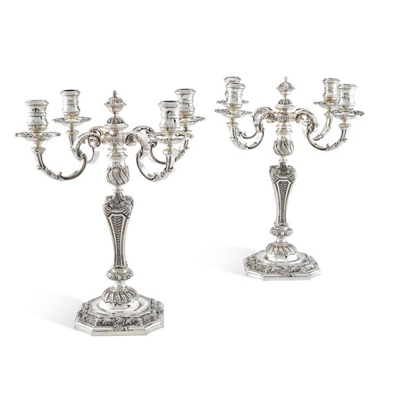 A pair of silver four-light candelabra, C. J. Vander after Paul de Lamerie, London - Paul de Lamerie