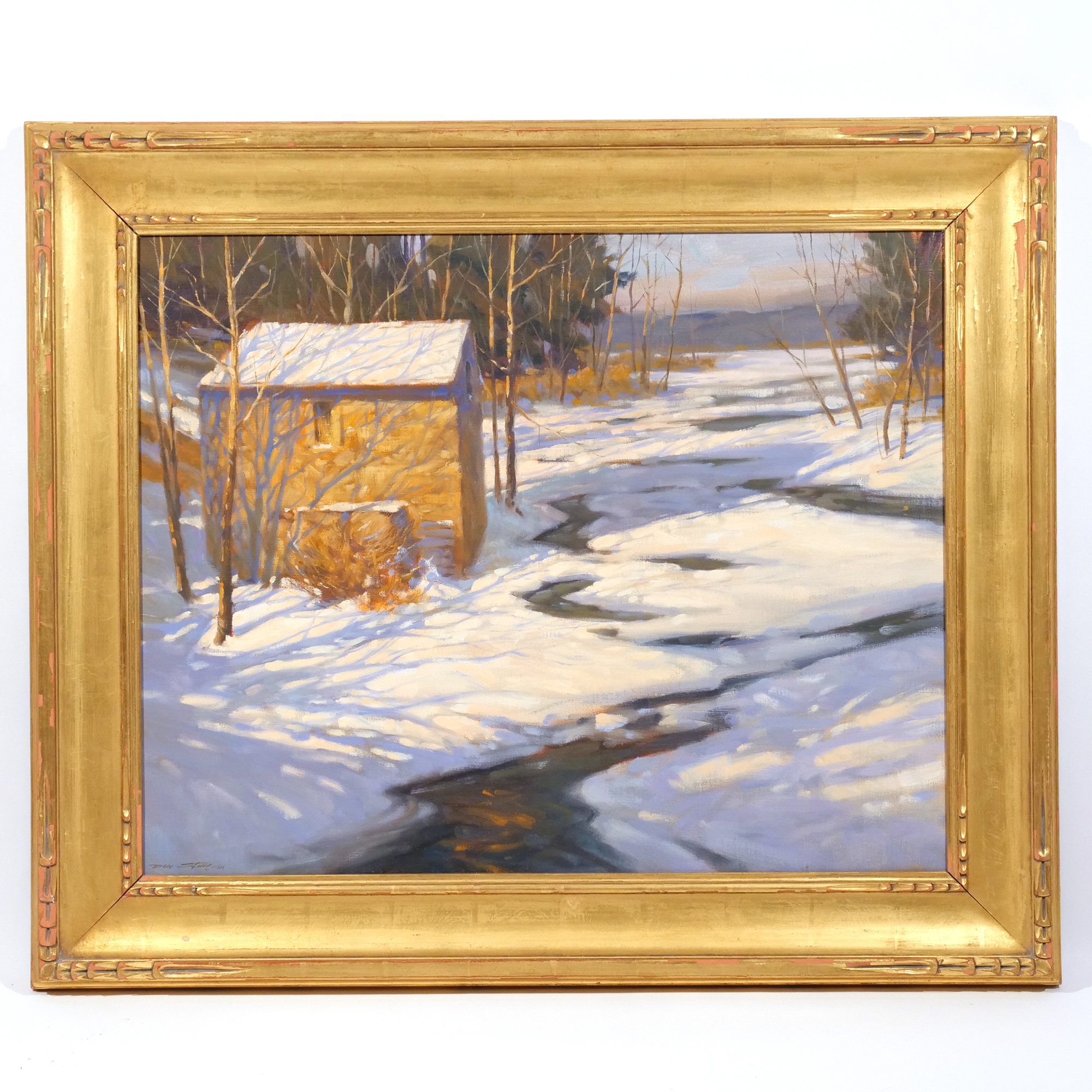 Artwork by Don Stone, Winter river with shed, Made of Oil on canvas