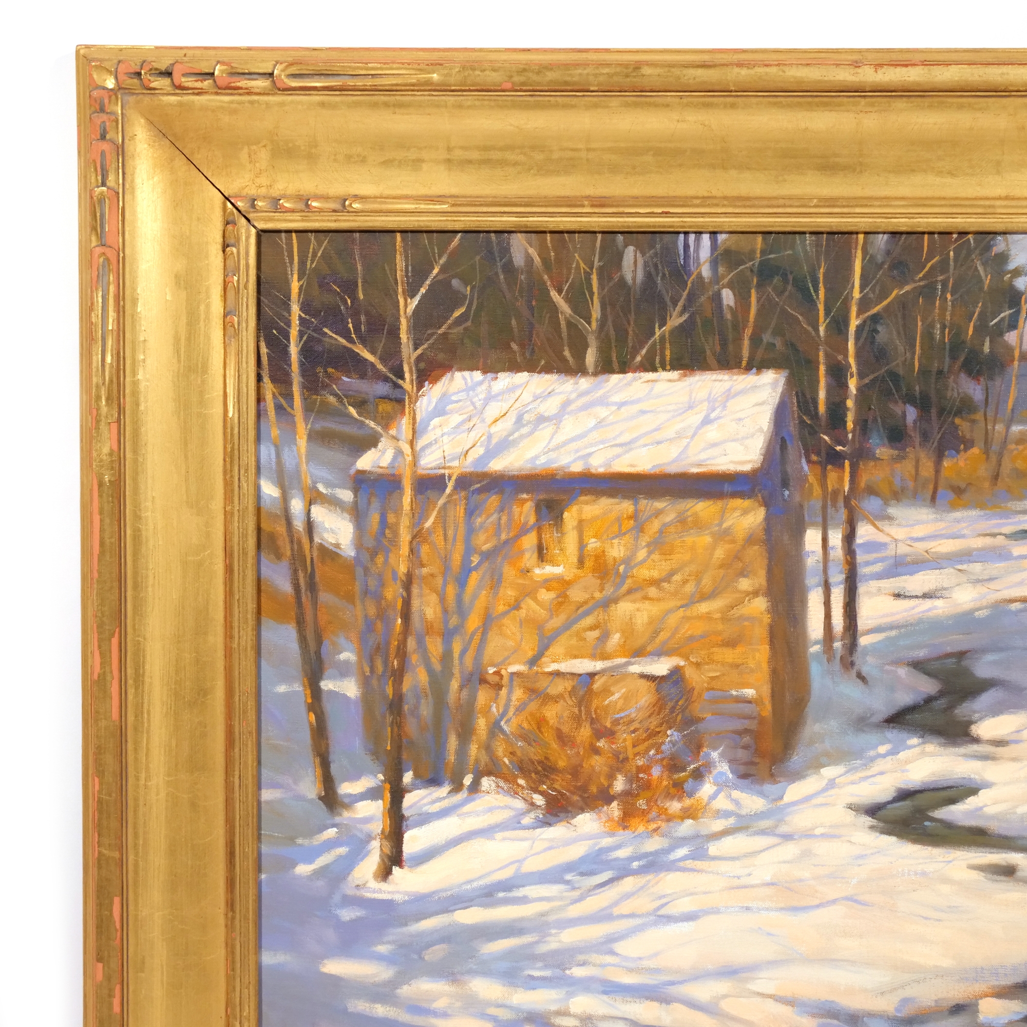 Artwork by Don Stone, Winter river with shed, Made of Oil on canvas