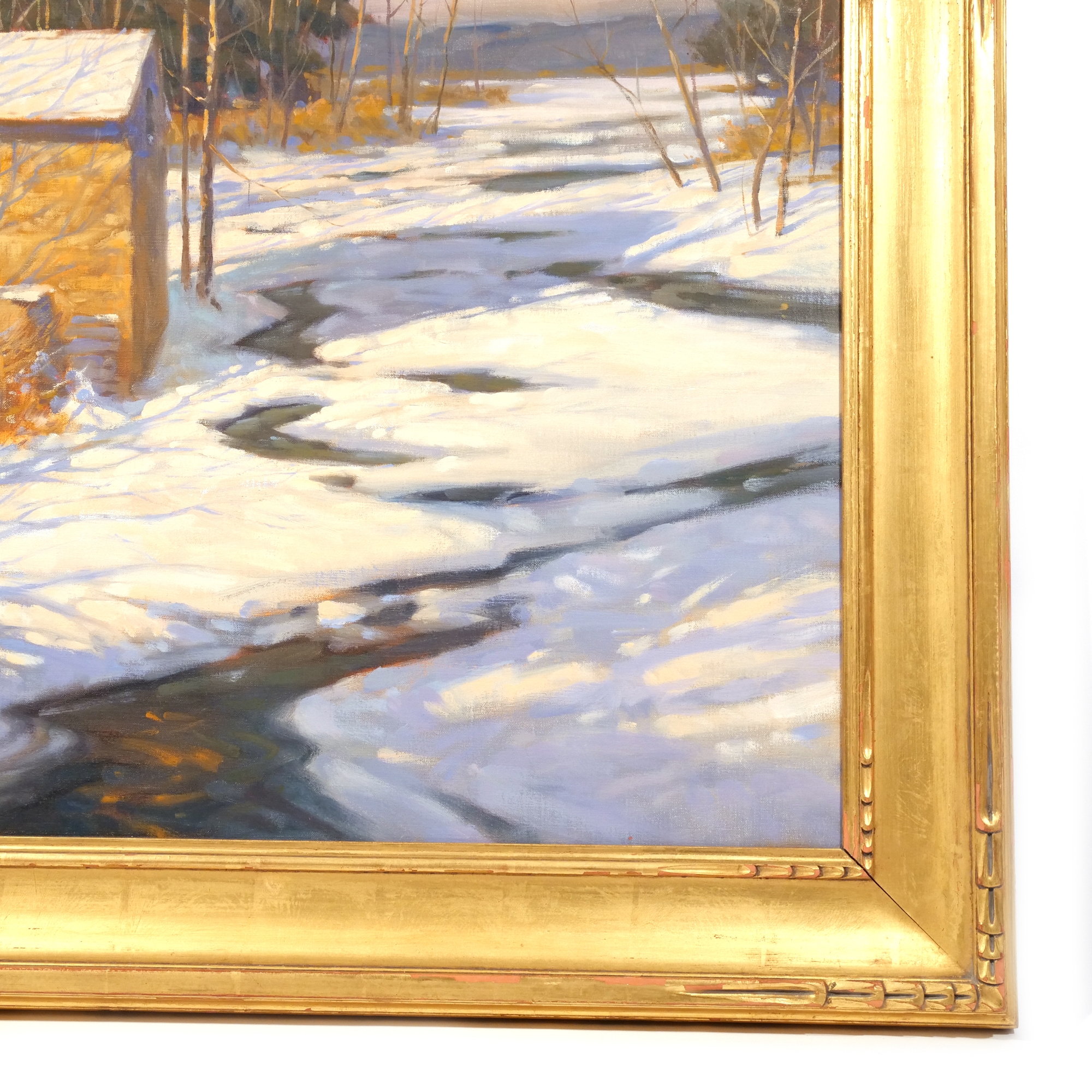 Artwork by Don Stone, Winter river with shed, Made of Oil on canvas