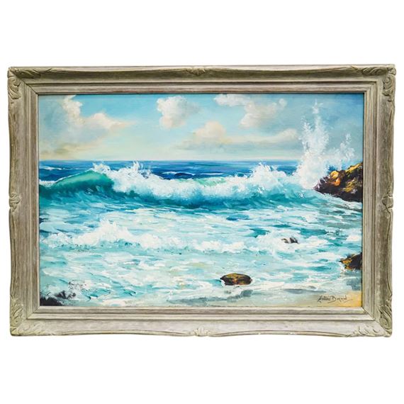 A seascape painting of crashing waves against rocky cliffs.