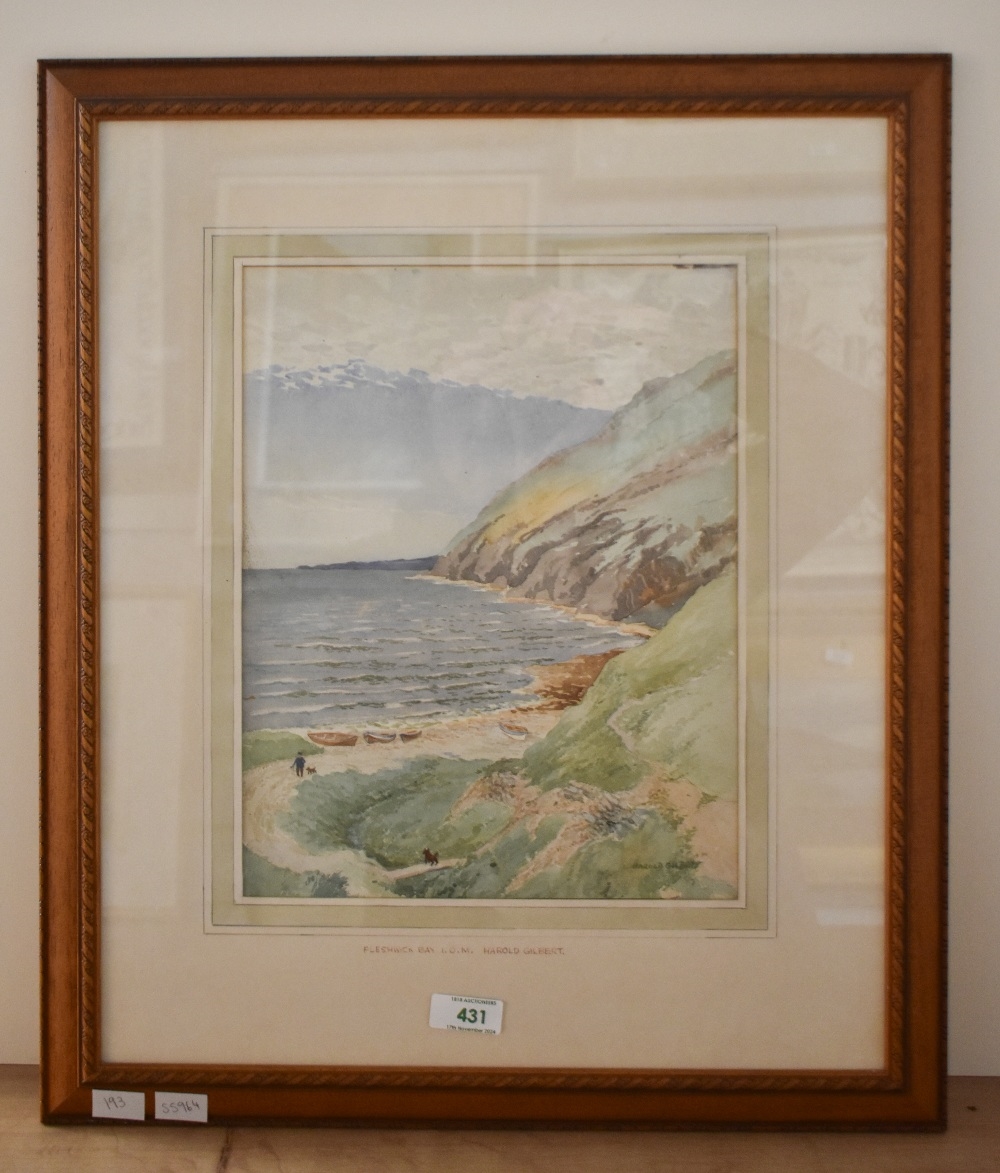 Artwork by Harold Gilbert, Harold Gilbert F.R.S.A (20th Century, British), watercolour, 'Fleshwick Bay, Isle of Man', signed to, Made of watercolour