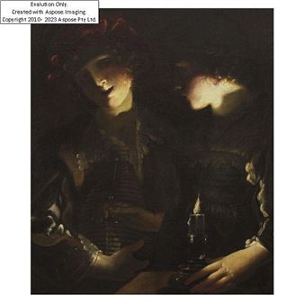 A dramatic, candlelit portrait of two figures in a dark interior.