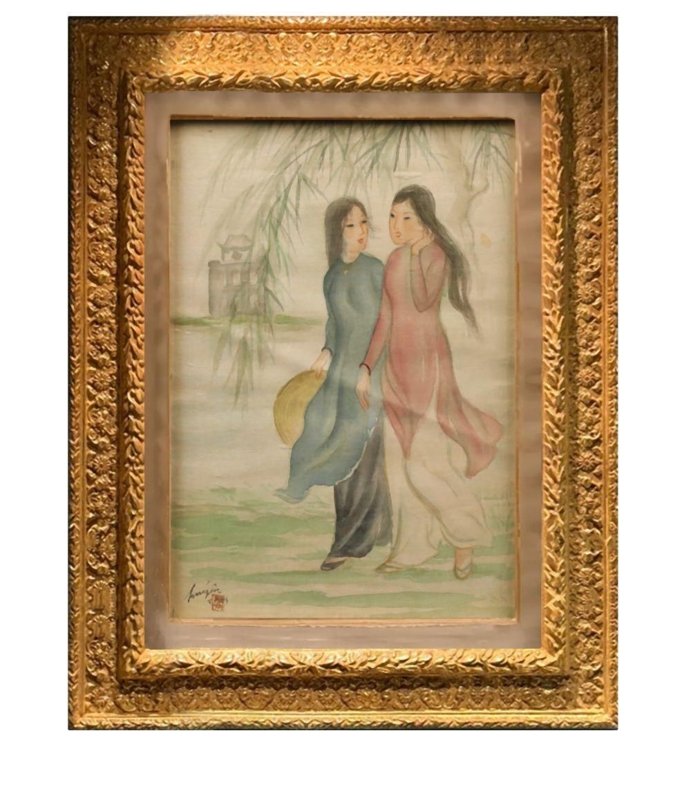 Artwork by Nguyen Duc Huyen, Two Maidens by Hoan Kiem Lake by Nguyen, Made of Ink and colour on silk