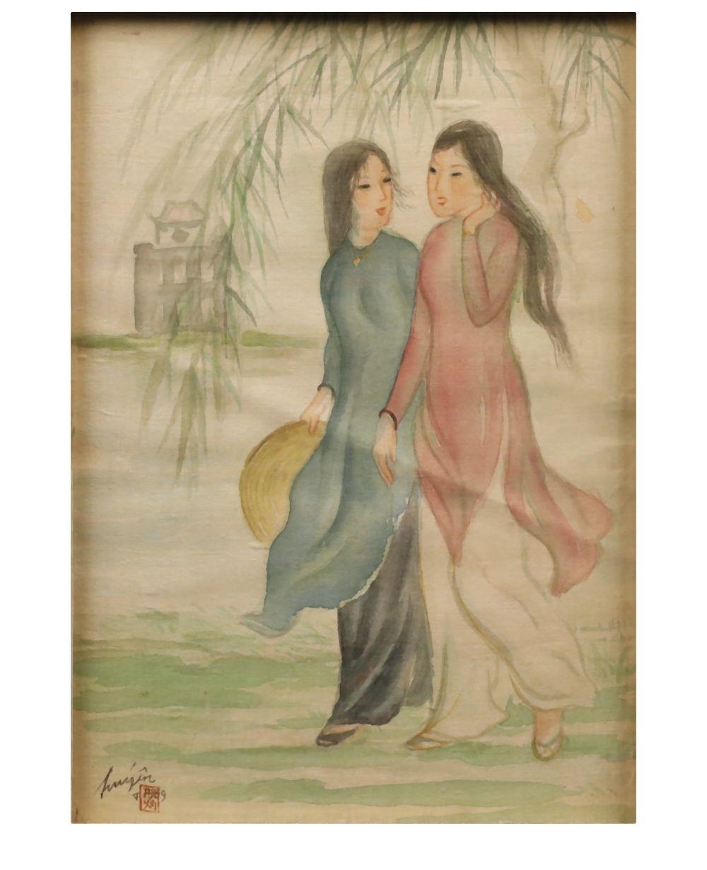 Artwork by Nguyen Duc Huyen, Two Maidens by Hoan Kiem Lake by Nguyen, Made of Ink and colour on silk