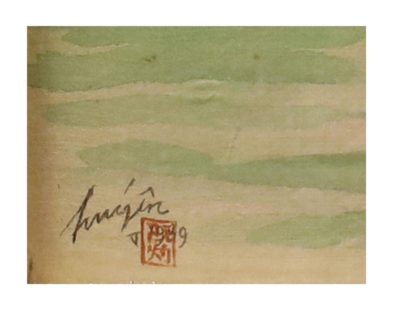 Artwork by Nguyen Duc Huyen, Two Maidens by Hoan Kiem Lake by Nguyen, Made of Ink and colour on silk