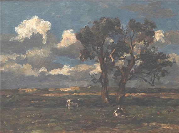 Vroege avondstemming bij buiig weer, koeien onder bomen by Wilhelmus Hendrikus Petrus Johannes de Zwart