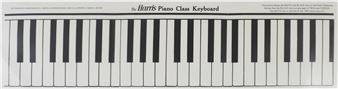 A minimalist graphic print of a piano keyboard with black and white keys against a plain background.