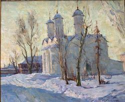 Sergei Mikhailovich SKUBKO (Russia, b. 1922) Souzdal, a winter morning (1991) Oil on canvas mounted on cardboard, signed in Cyrillic lower right, titled and dated on the back. Framed. H. 50 x W. 60 cm. by Serguei Mikhailovitch Skoubko, 1991