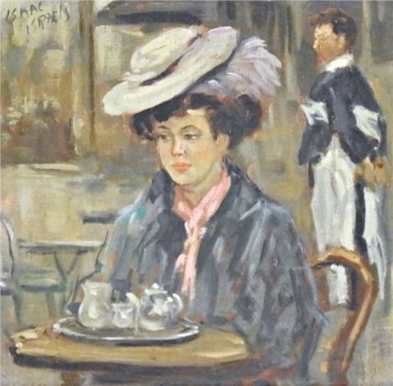 A woman in a hat sits at a café table with a tea service, while a waiter stands nearby.
