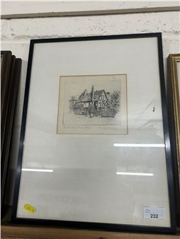 An etching of a cottage by Donald McCloud in black wooden frame - Donald Mccloud