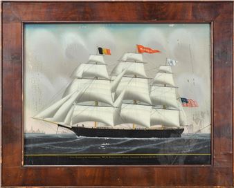 A framed maritime print of a large sailing ship on choppy seas.