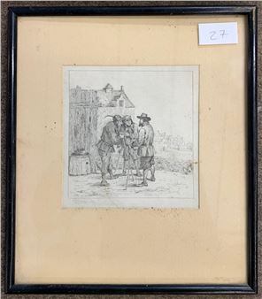 Three figures congregate in a rural setting - Frederick James Crome