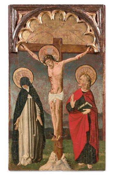 . The Virgin and Saint John stand on either side of the cross of the supplicant - Catalan School, 15th Century