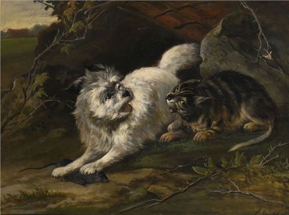 Dog and cat fighting in a landscape On its by Edward Moerenhout